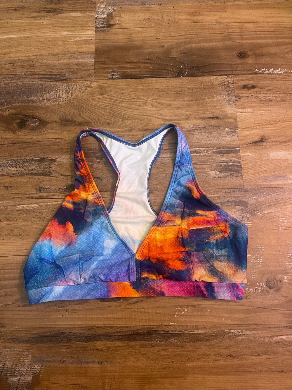 Plunge Racerback Sports Bra in Multicolor Abstract Print